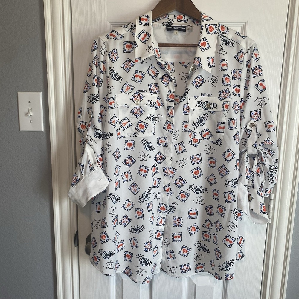 Karl Lagerfeld Shirt Womens XL‎ Blouse Button Designer Paris Eiffel Tower Stamp